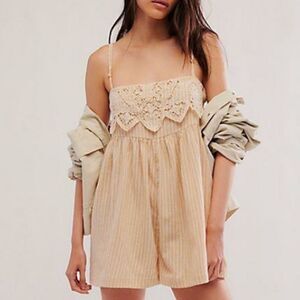 Free People Collina Striped Crochet Lace Trim Romper in Neutral Combo